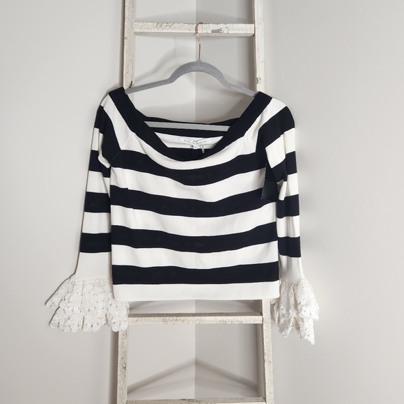 English Factory Tops - English Factory Top NWT women Medium black white stripe lace sleeve off shoulder